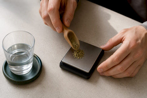 Adult measuring a cautious kratom dose