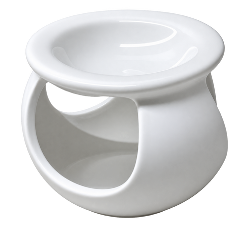 A white ceramic oil burner or candle holder with a wide, shallow top bowl and a curved side handle, shown on a plain white background.