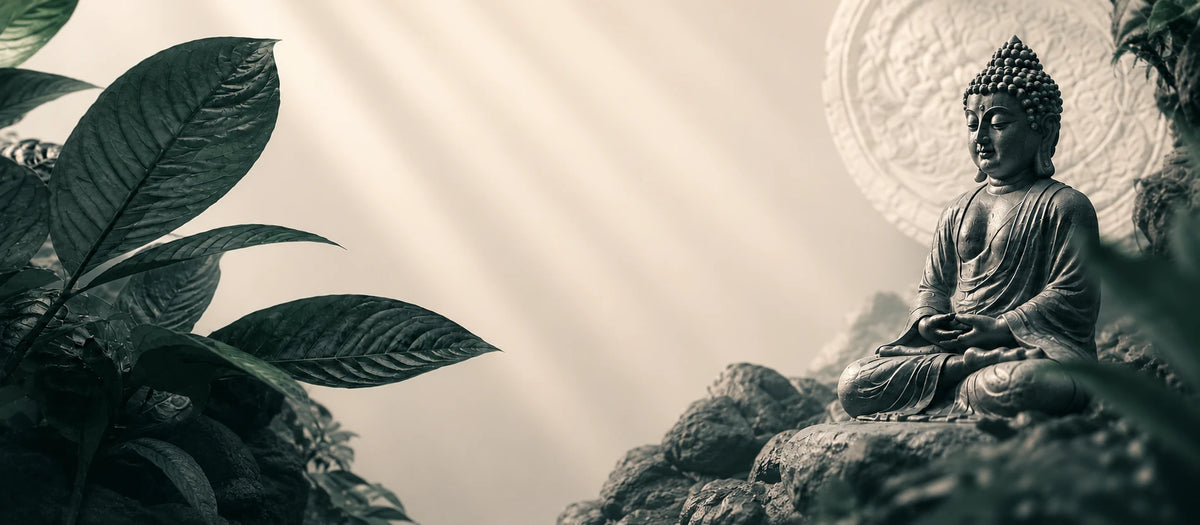 Escena de un bosque brumoso con una estatua de Buda de piedra, que refleja el enfoque sereno y meditado de Kratomvia en el abastecimiento