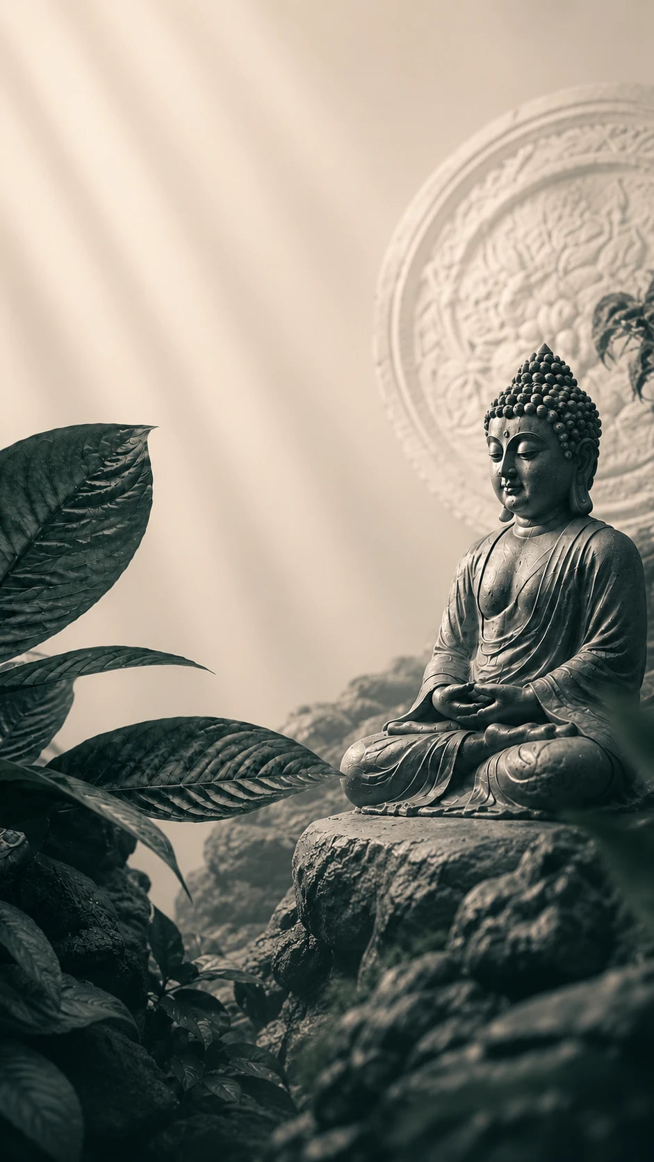 Escena de un bosque brumoso con una estatua de Buda de piedra, que refleja el enfoque sereno y meditado de Kratomvia en el abastecimiento