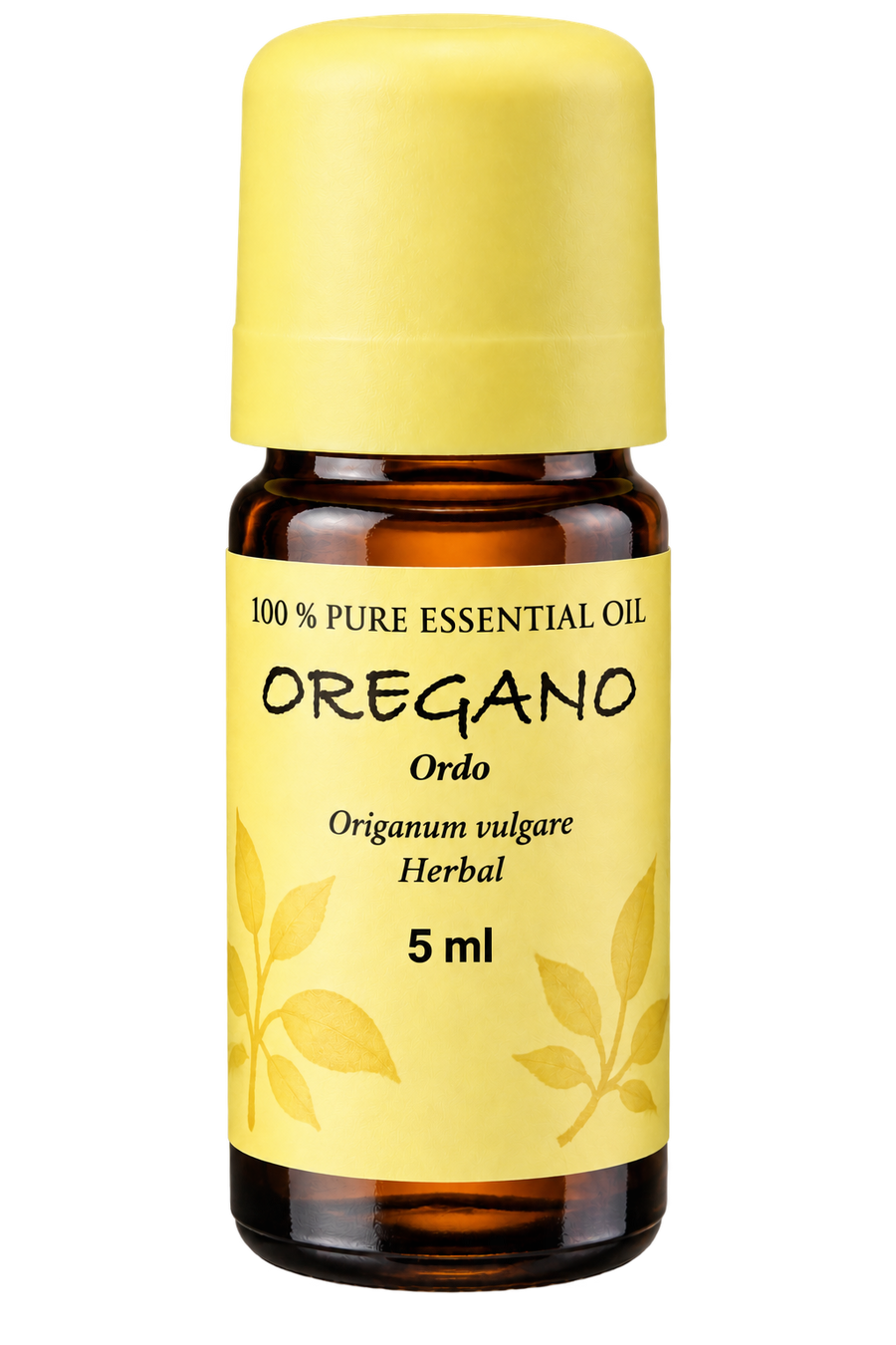 A 5 ml amber glass bottle of Oregano essential oil with a bright yellow cap and a matching yellow label featuring leaf illustrations.
