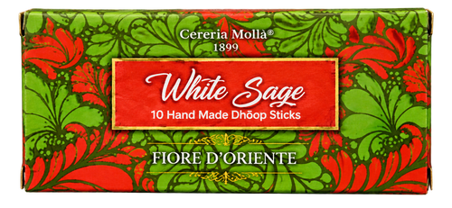 Front view of a Cereria Molla White Sage Dhooop Sticks box featuring a vibrant green and red floral pattern with a central red label.