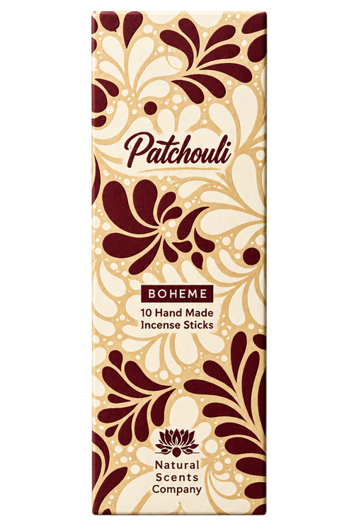 Patchouli Boheme incense stick box by Natural Scents Company, featuring a cream and dark burgundy floral pattern with the brand name 'Patchouli' and scent name 'BOHEME' printed on the front.